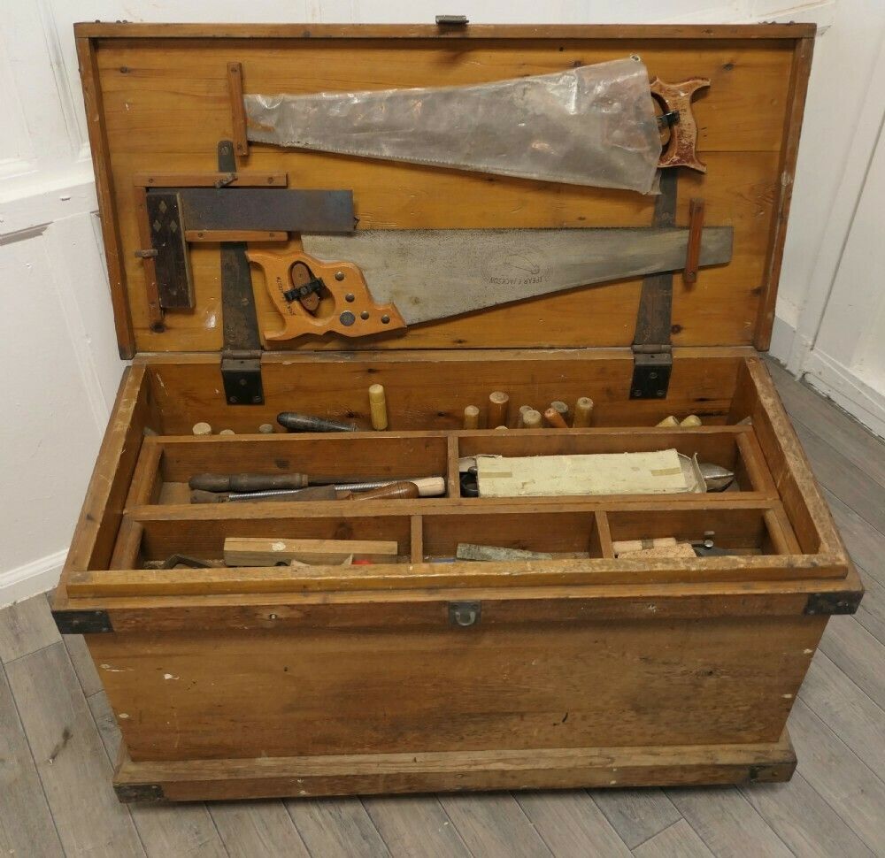 19th Century Carpenters Pine Tool Chest And Tools