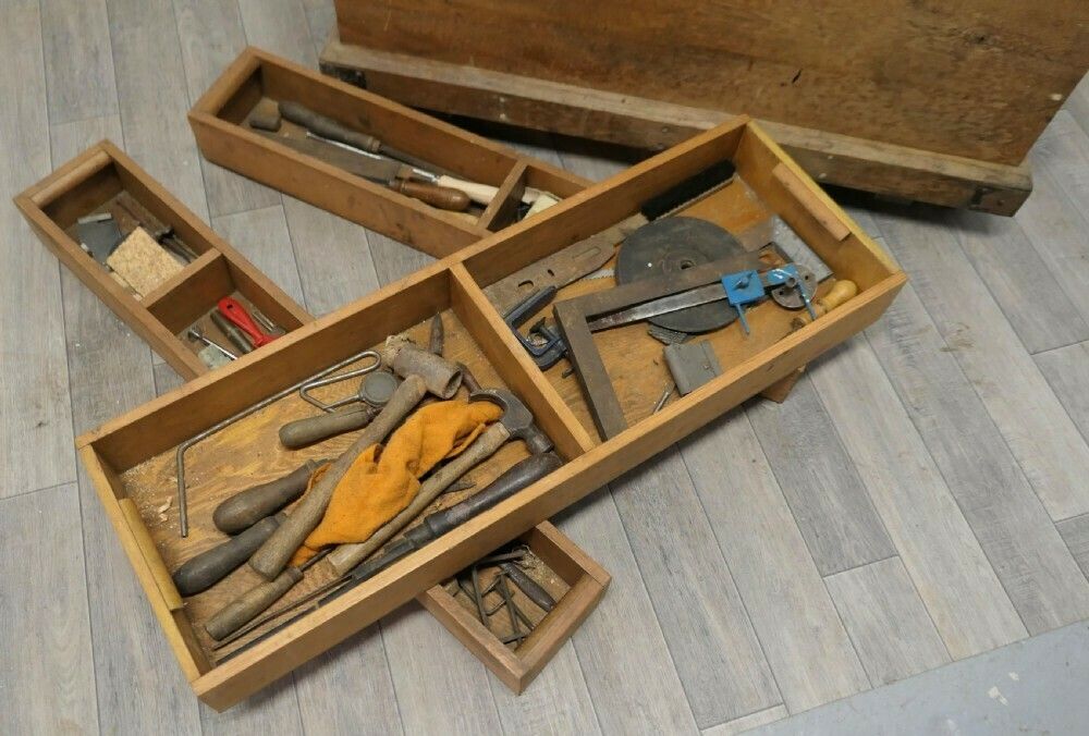 19th Century Carpenters Pine Tool Chest And Tools photo Home Decor