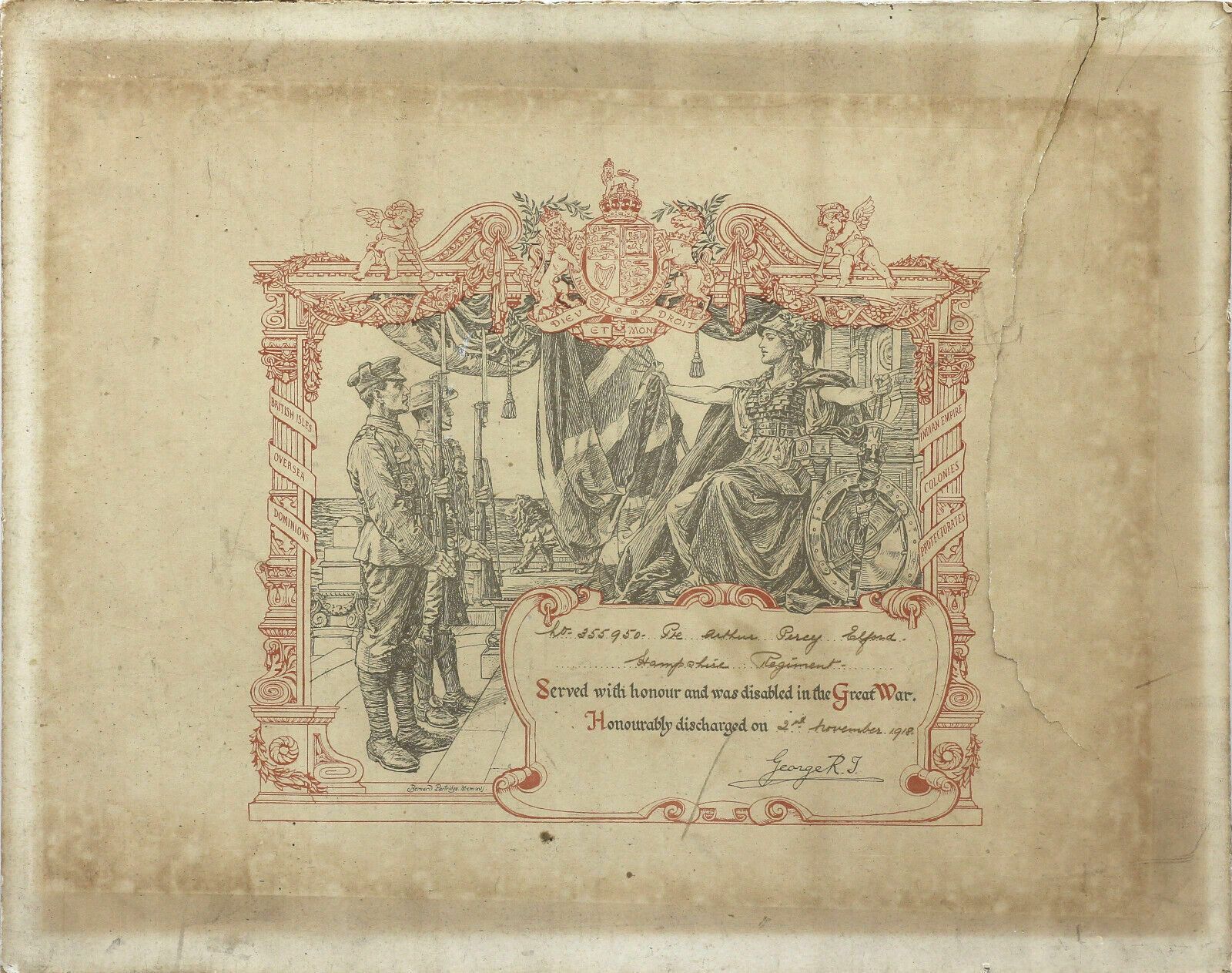 Great War Discharge Certificate 1918. Original Artwork By Bernard Partridge.