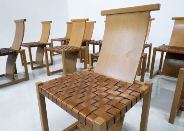 Mid Century Modern Set Of 12 Wood And Leather Chairs, Italy, 1950s photo buy