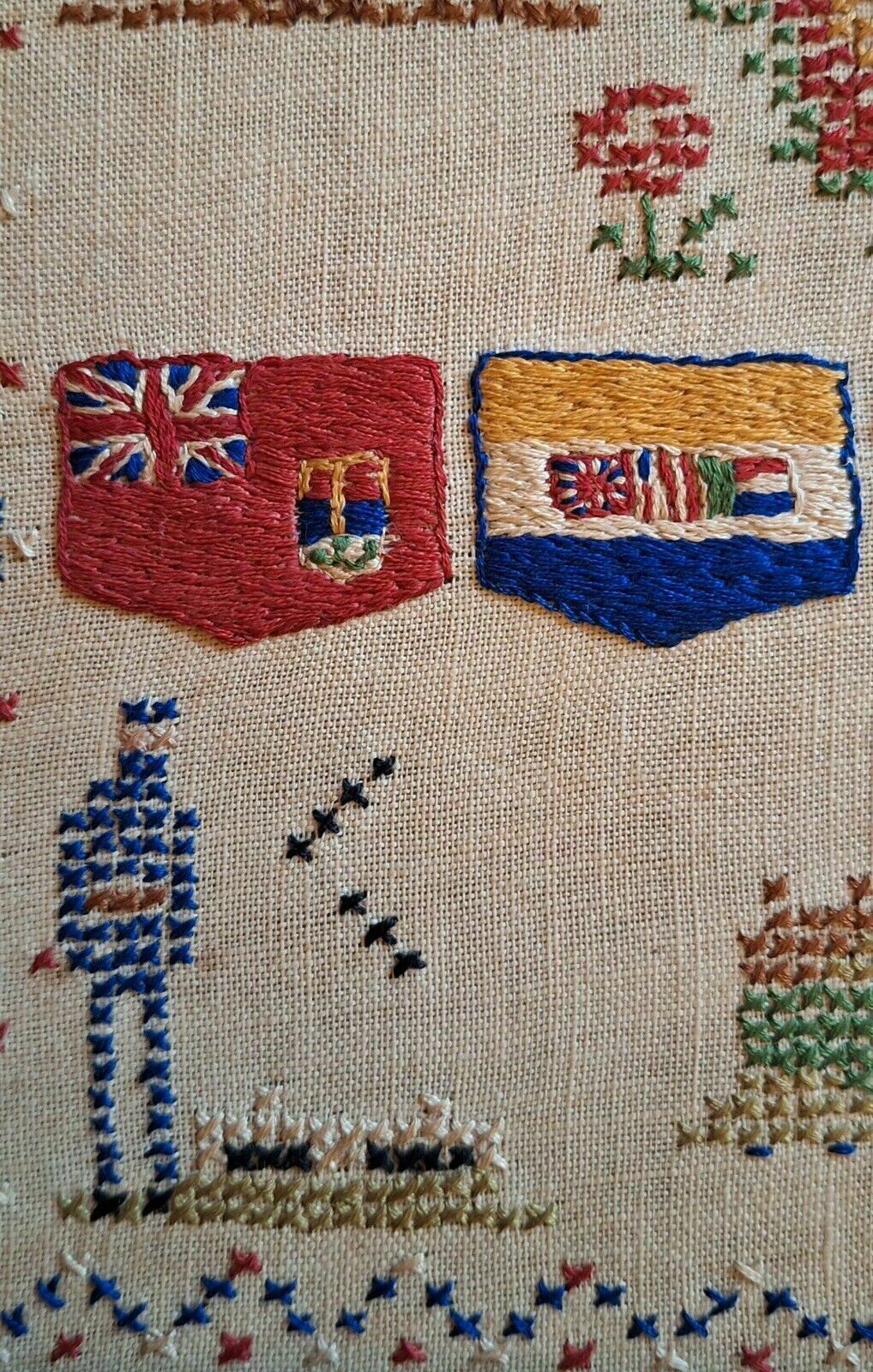 Cross Stitch Signed Coronation Sampler 1937 'Domine Dirige Nos' Top Metal Crest photo for sale