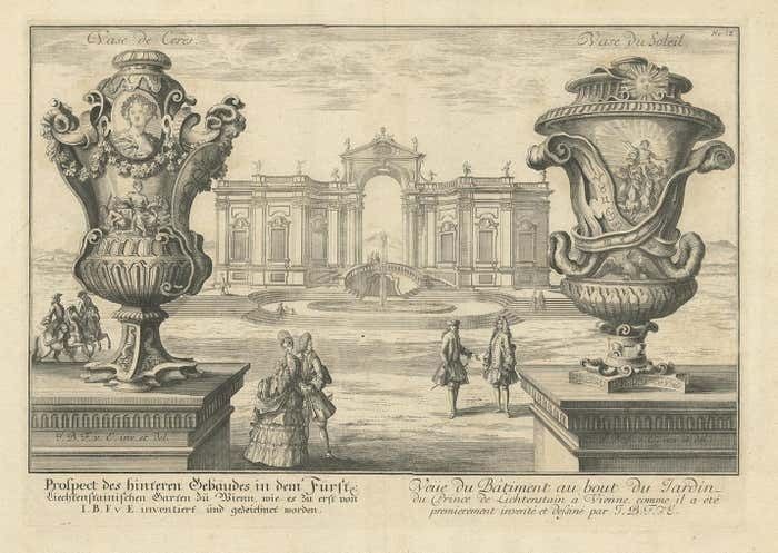 Antique Print Of Two Vases And A Building In Vienna By Fischer Von Erlach, 1725 photo furniture
