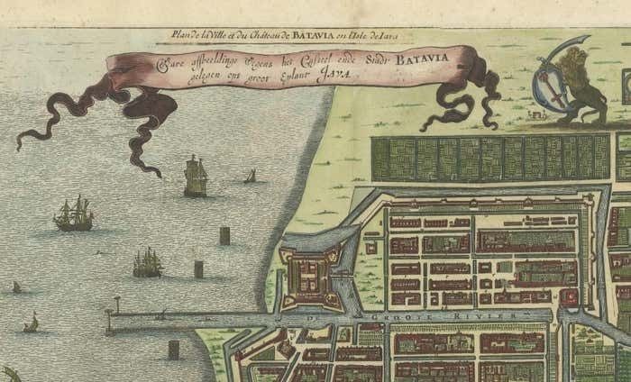 Original Hand Colored Print Of Batavia, Or Nowadays Jakarta, Indonesia, 1730 photo for sale