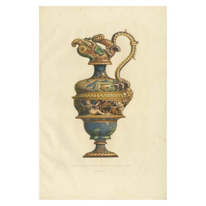 Antique Print Of An Aiguière Of Mr. Le Bon Gustave Rothschild By Delange  1869