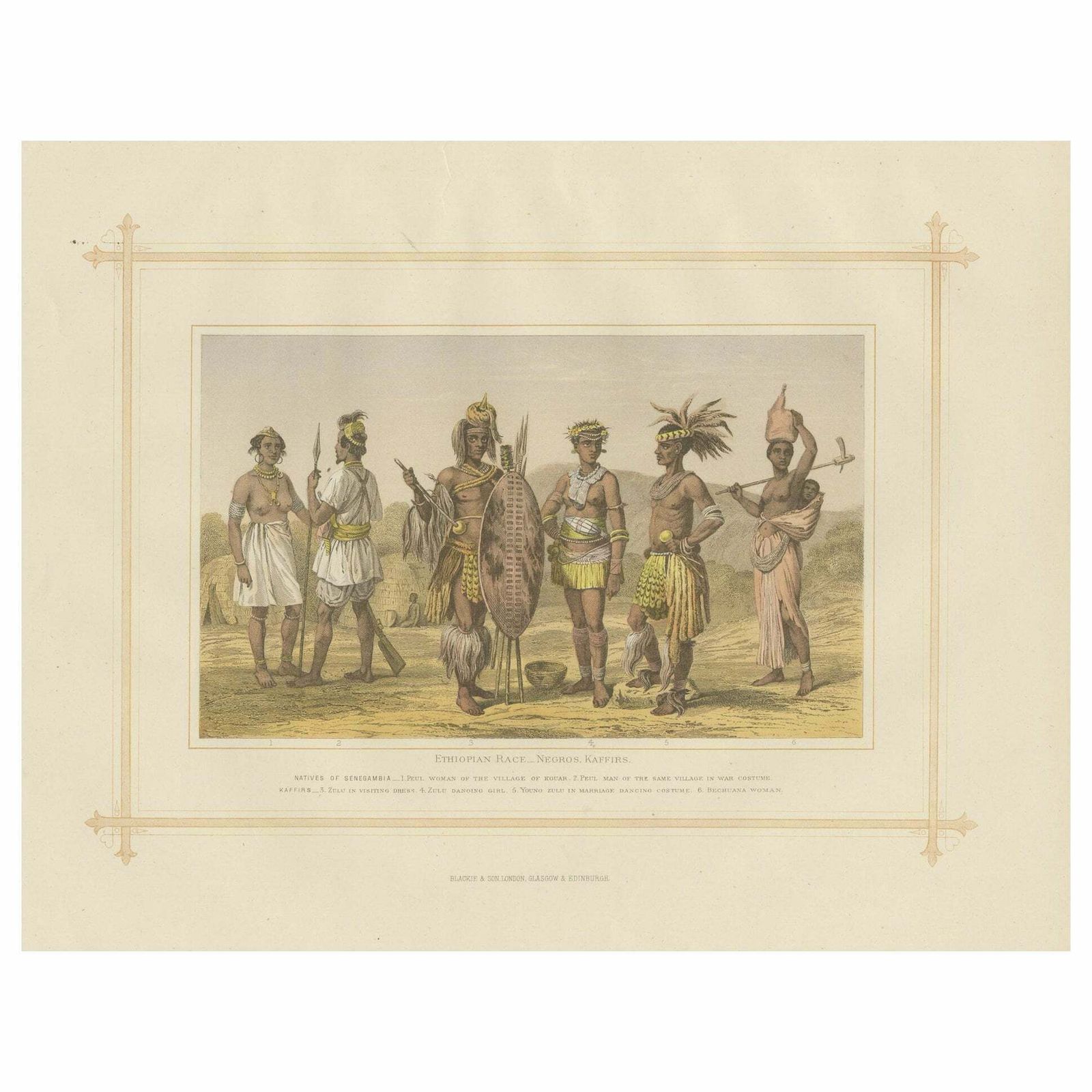 Antique Lithograph Of The Ethiopian Race   Negros, Kaffirs, 1882