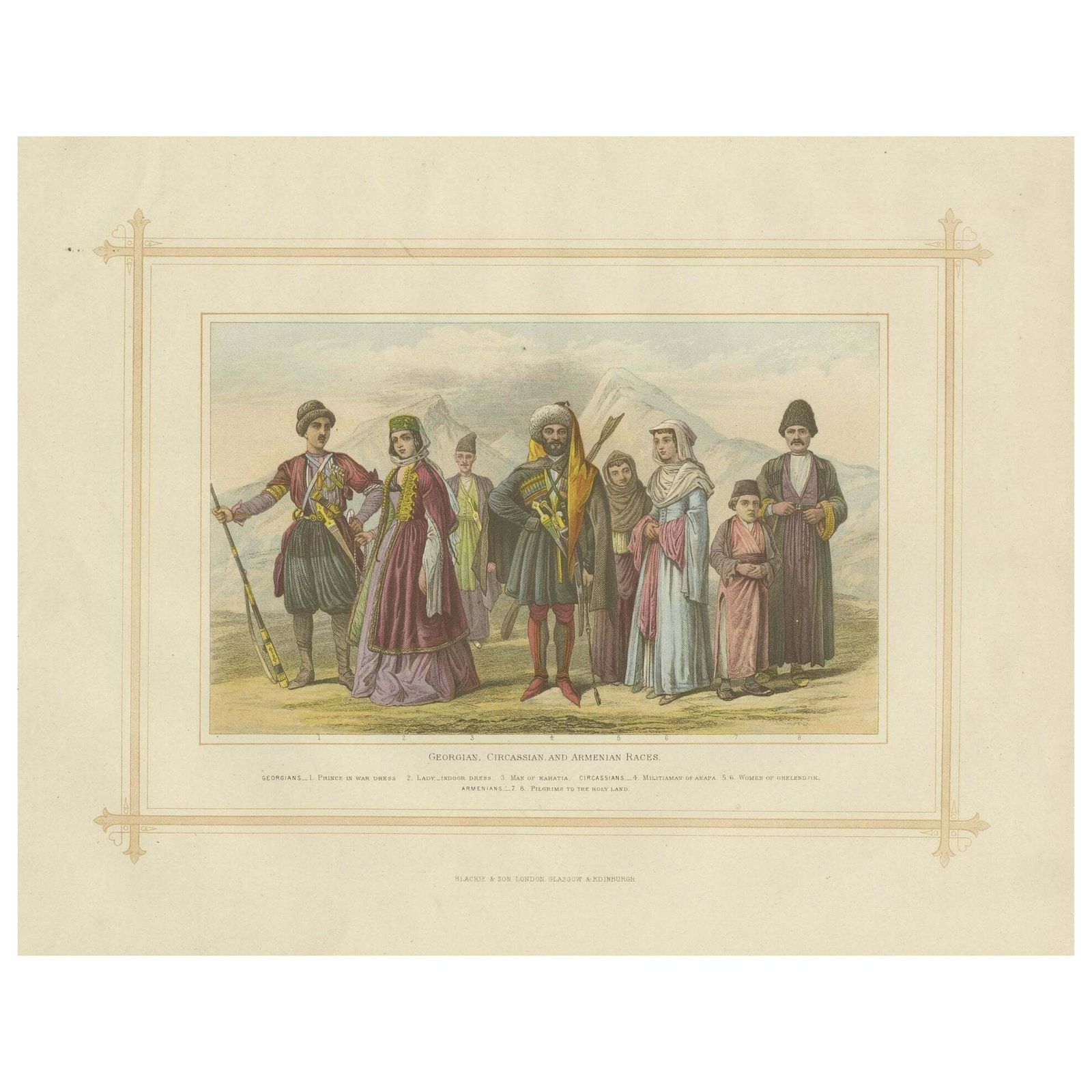 Decorative Antique Lithograph Of The Georgian, Circassian & Armenian Races, 1882