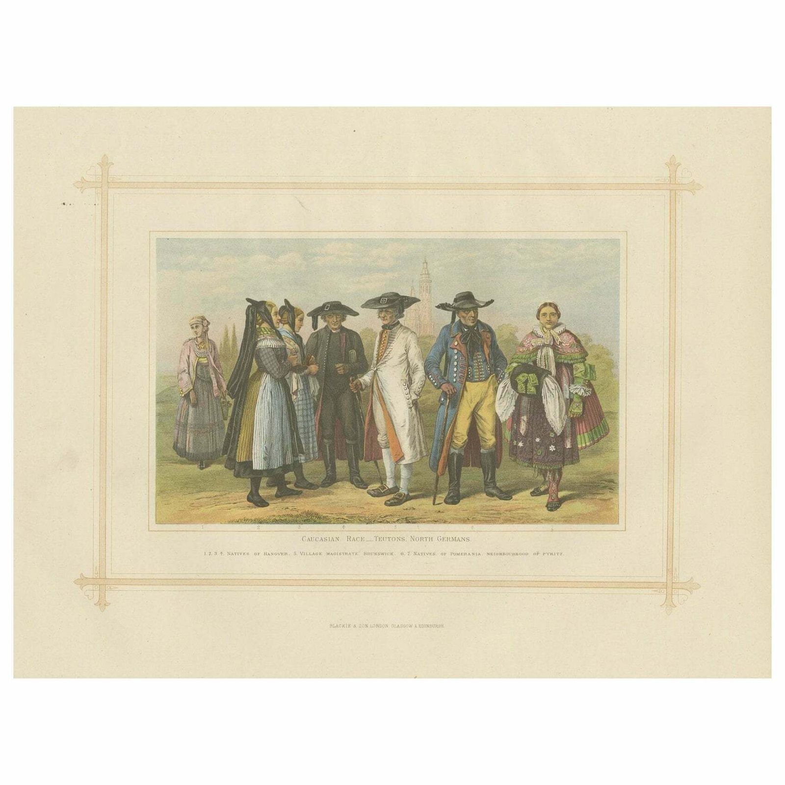 Decorative Antique Lithograph Of The Caucasian Race In Germany, 1882