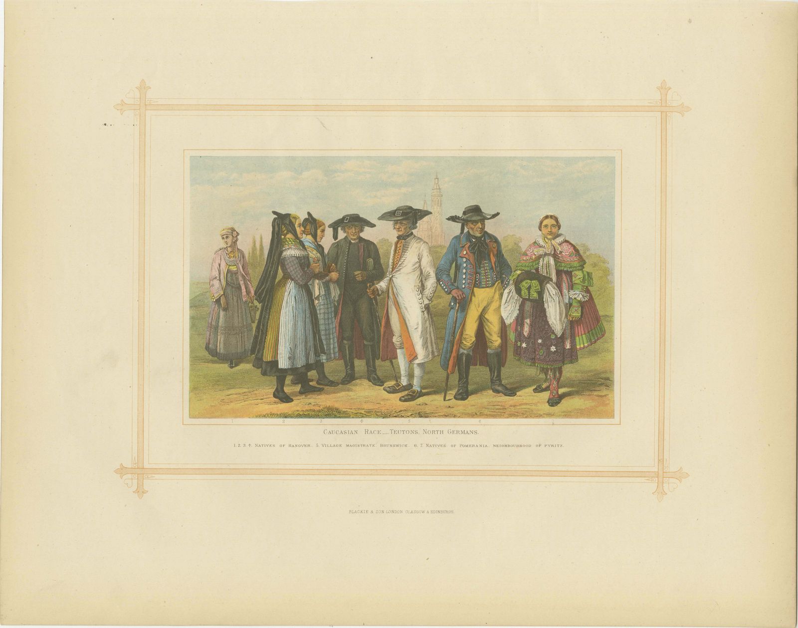 Decorative Antique Lithograph Of The Caucasian Race In Germany, 1882 photo furniture