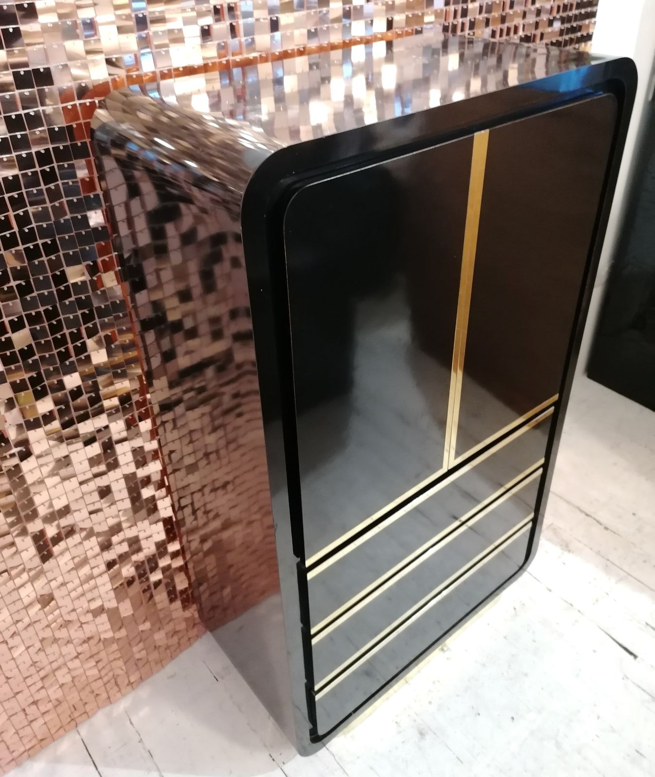 A Stunning Deco Revival 1980s American Black Laminate & Gold Tallboy Dresser photo vintage