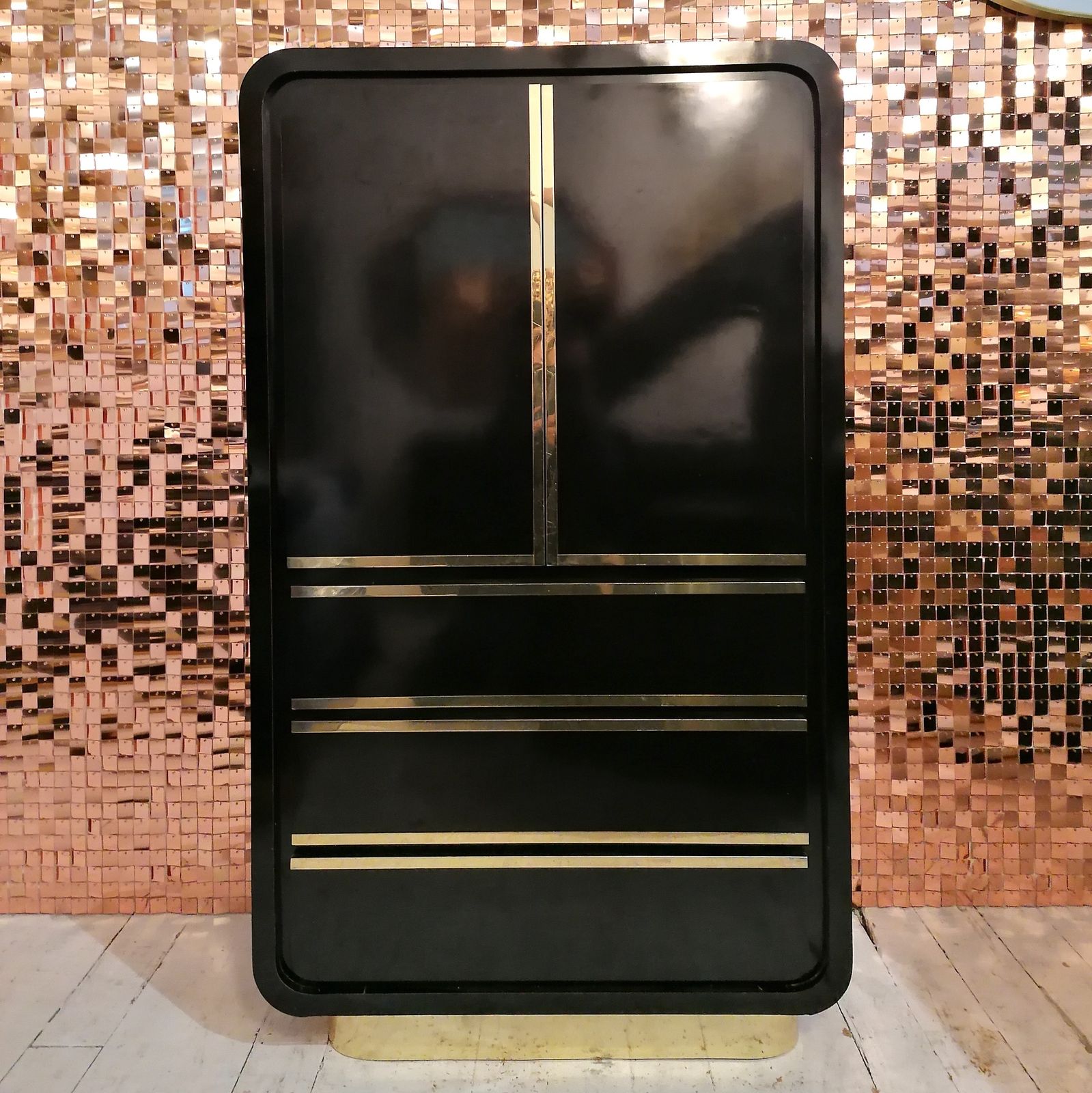 A Stunning Deco Revival 1980s American Black Laminate & Gold Tallboy Dresser
