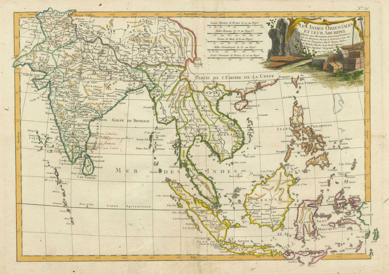Antique Map Of Southeast Asia With Decorative Allegorical Cartouche photo for sale