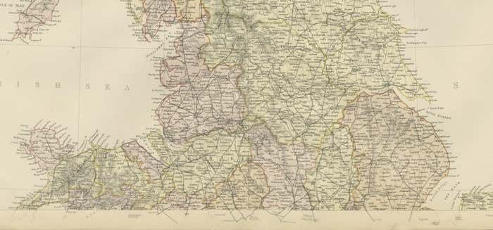 Colorful Detailed Antique Map Of England And Wales, 1882 photo for sale