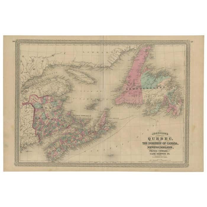 Antique Map Of New Brunswick, Nova Scotia And Surroundings By Johnson, 1872