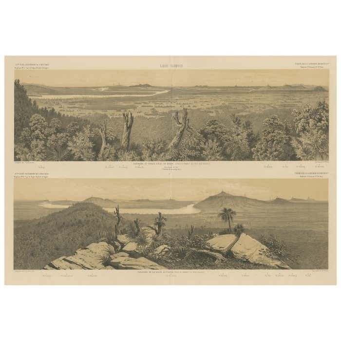 Large Antique Print With Panoramic Views Of Khong Island And A Valley, Laos