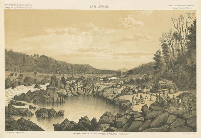 Large Antique Print Of A Camp Near Mekong River, Laos photo for sale