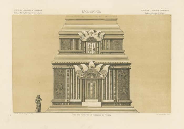 Large Antique Print Of The Peunom Pyramid, Laos photo for sale