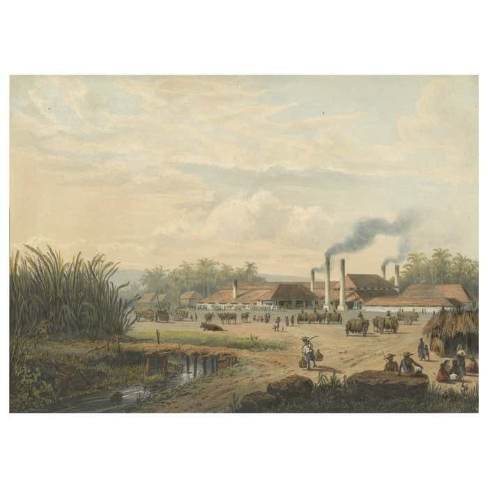 Original Chromolithograph Of A Sugar Factory In Java, Indonesia, 1872