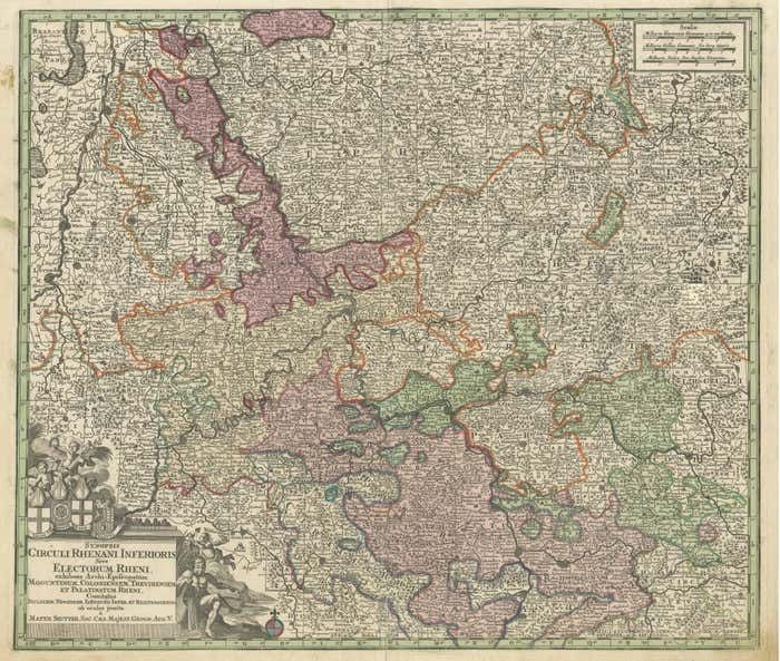 Antique Map Of The Course Of The Rhine From Philippsburg To Duisburg, Germany photo for sale