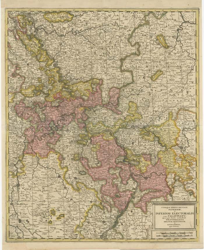 Antique Map Of The Area Centered On The Rhine River With Original Coloring photo for sale