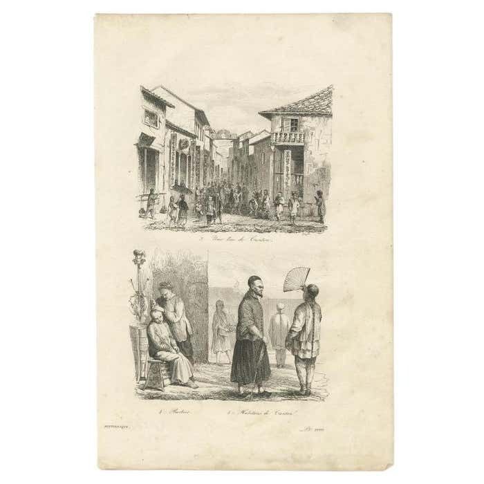 Antique Print Of A Street And Inhabitants Of Guangzhou In China, 1834
