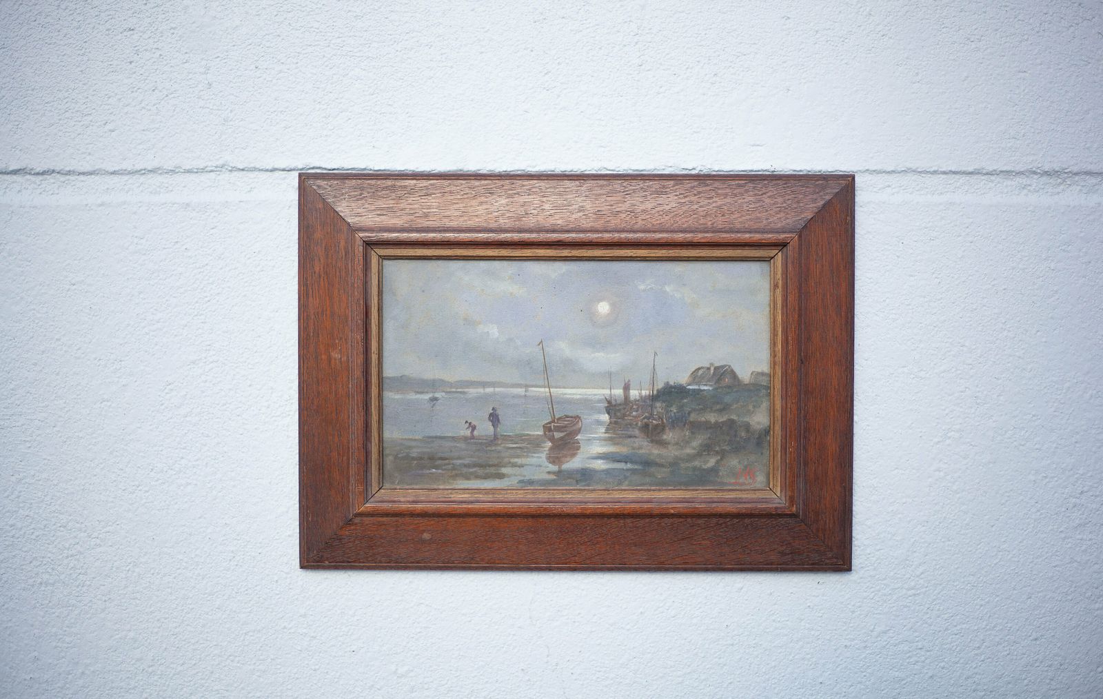 Wooden Framed Nocturnal Marine Watercolor Gouache Painting