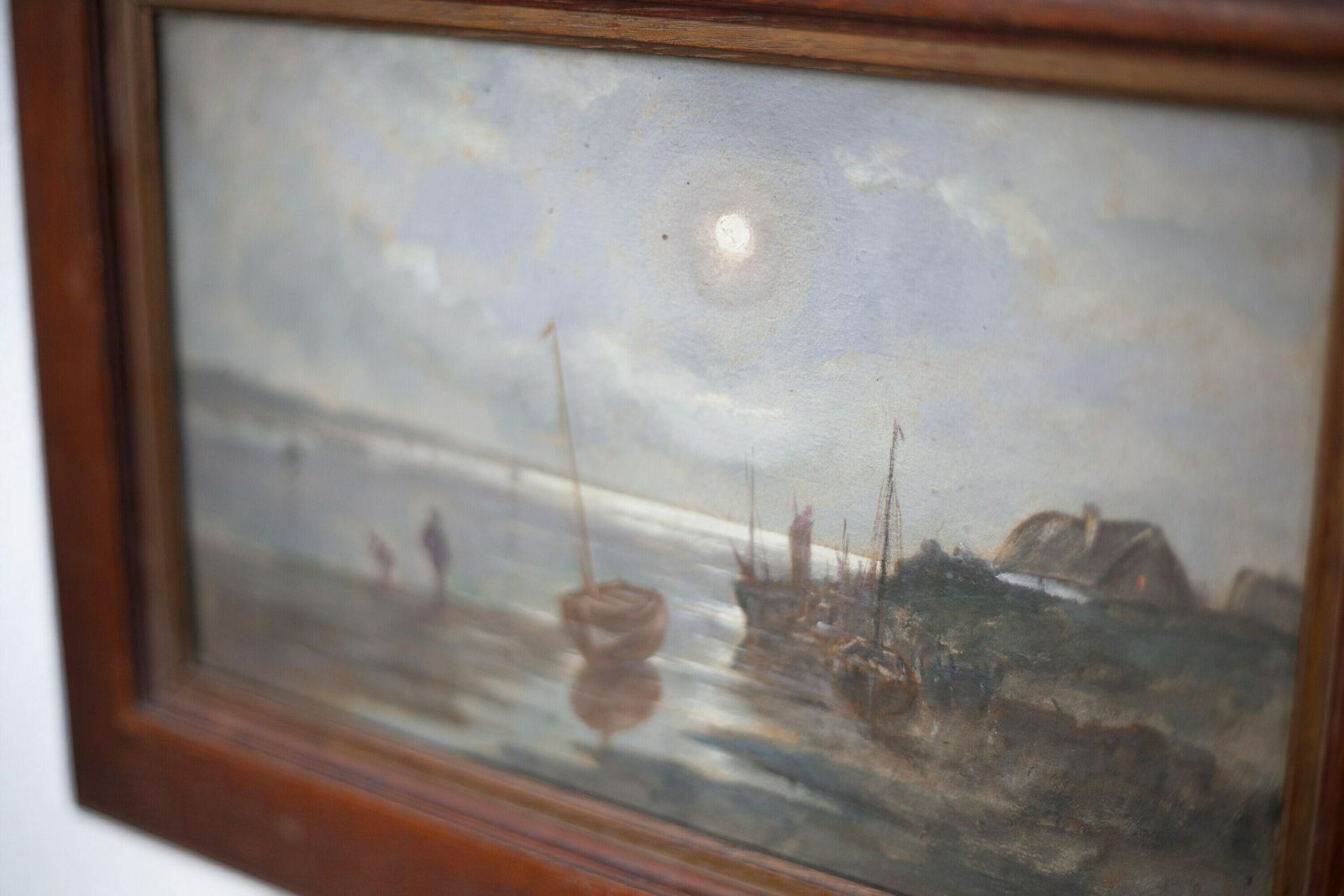 Wooden Framed Nocturnal Marine Watercolor Gouache Painting photo Art