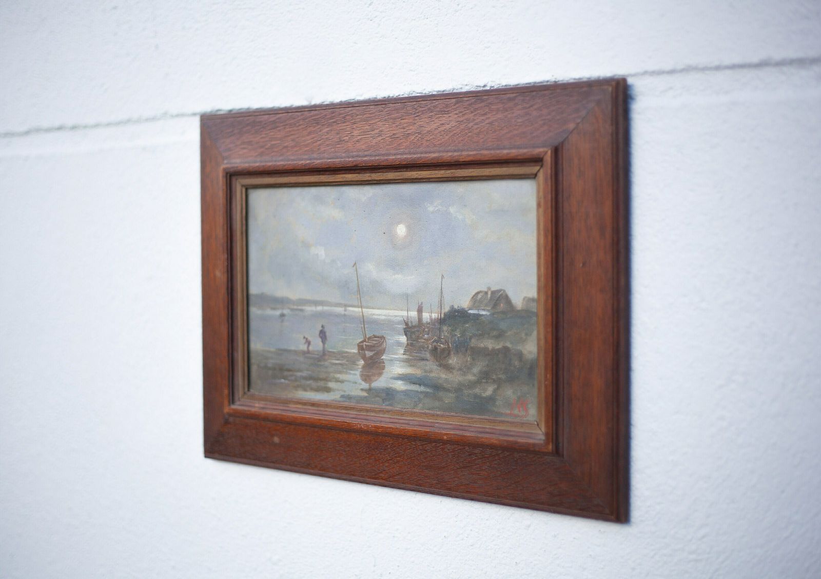 Wooden Framed Nocturnal Marine Watercolor Gouache Painting photo vinterior