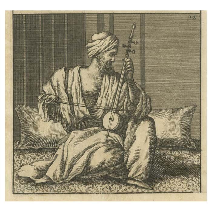 Rare Antique Print Of An Arabian Man Playing A Violin Or Kamanche In Cairo, 1698