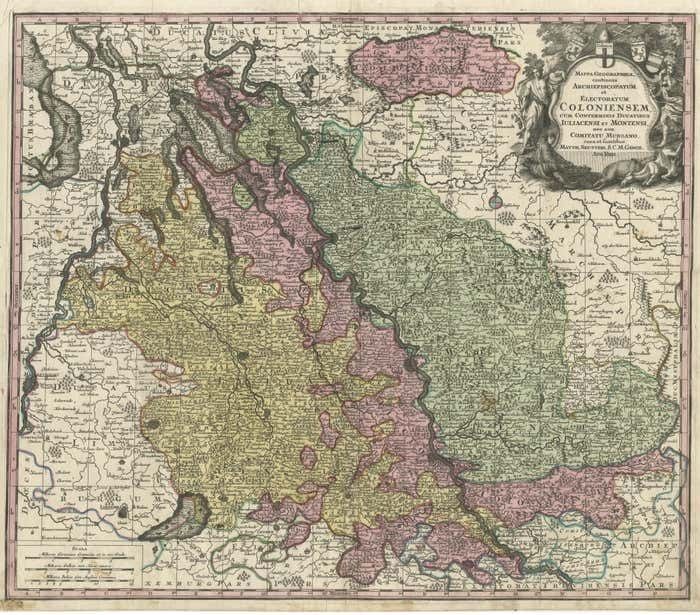 Antique Map Of Both Sides Of The Central Rhine River, Germany photo for sale
