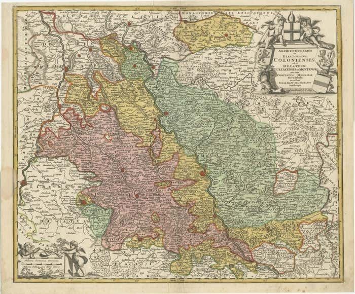 Antique Map Of The Rhine Centered On Cologne, Germany, With Original Coloring photo furniture