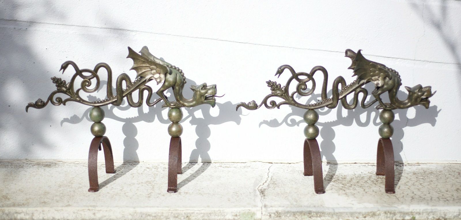 Pair Of Fireplace Andirons, Bronze And Cast Iron Andirons, Dragons, Chimeras, Griffins, Fireplace Accessories, Fireplace Hearth, Decor, Andirons photo furniture