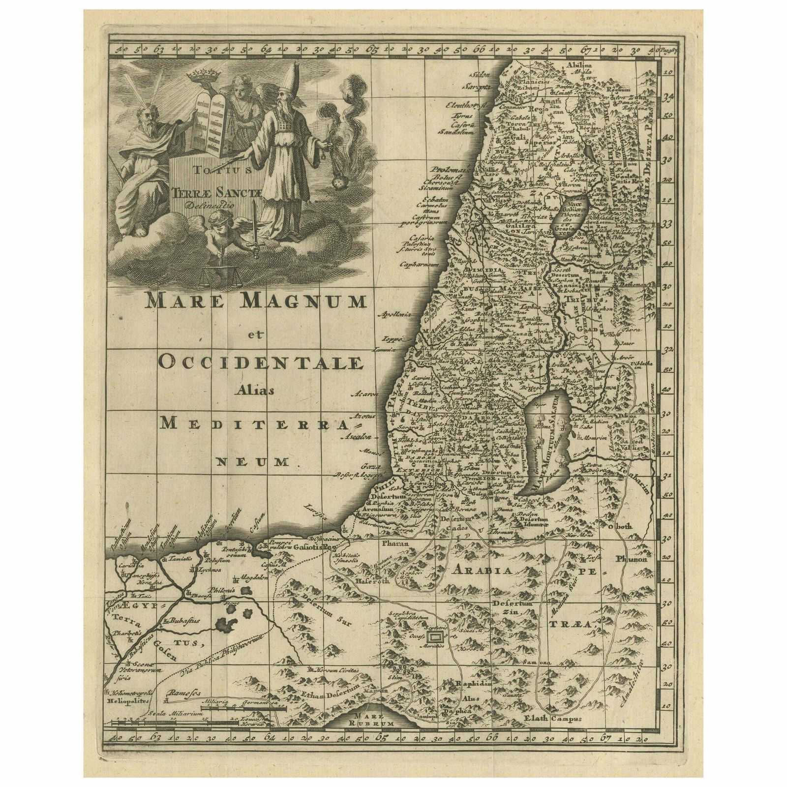 Original Antique Map Of The Holy Land With Decorative Cartouche