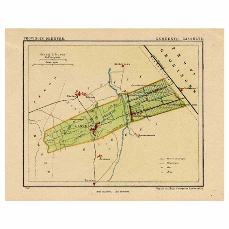 Antique Map Of The Township Of Gasselte In The Netherlands, 1865