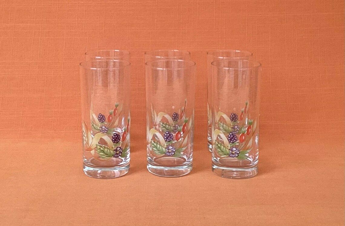St Michael Harvest Glasses (Set Of 6), Rare St Michael Tall Glasses From The Harvest Range, Retro Highball Glasses, Retro Marks And Spencer