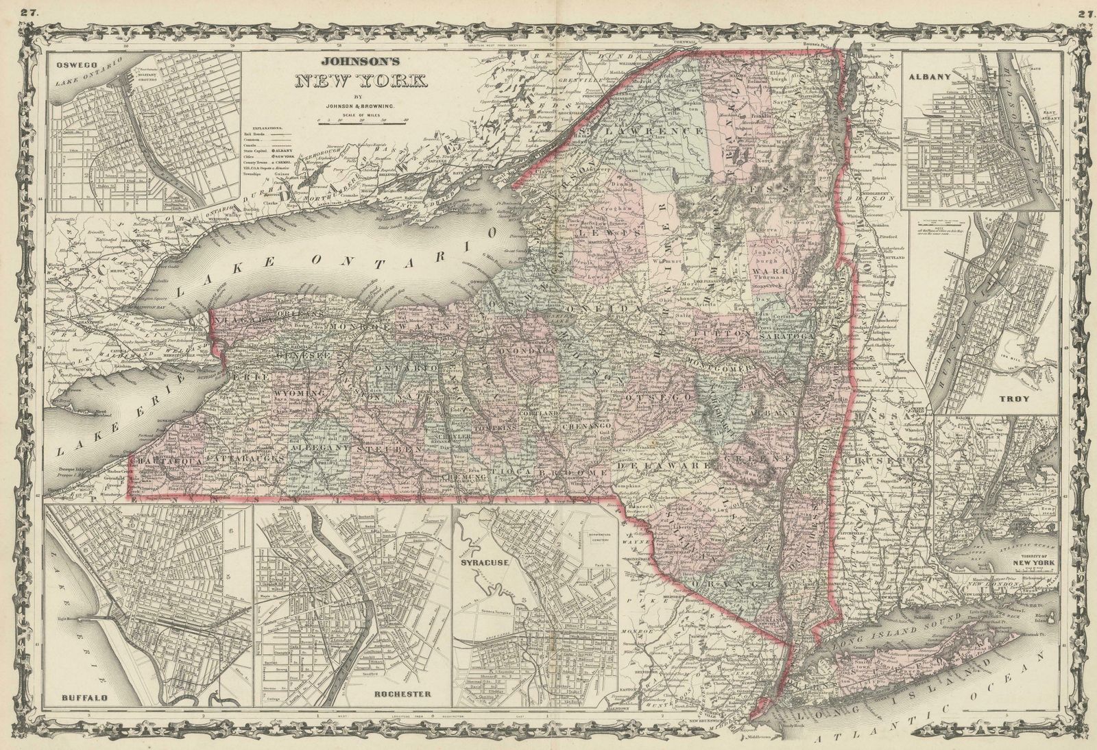 Large Antique Map Of New York State With Inset Maps photo for sale