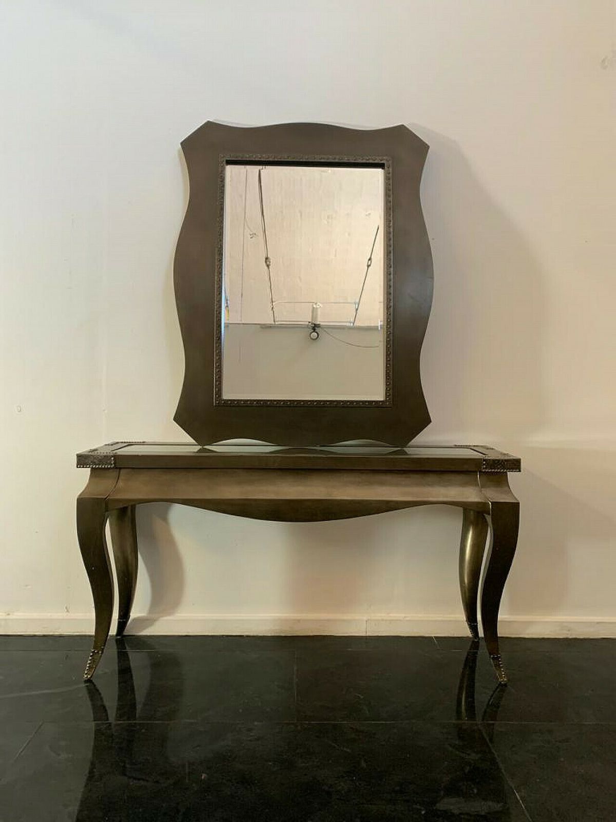 Wood, Metal And Glass Console And Mirror, 1980s photo furniture