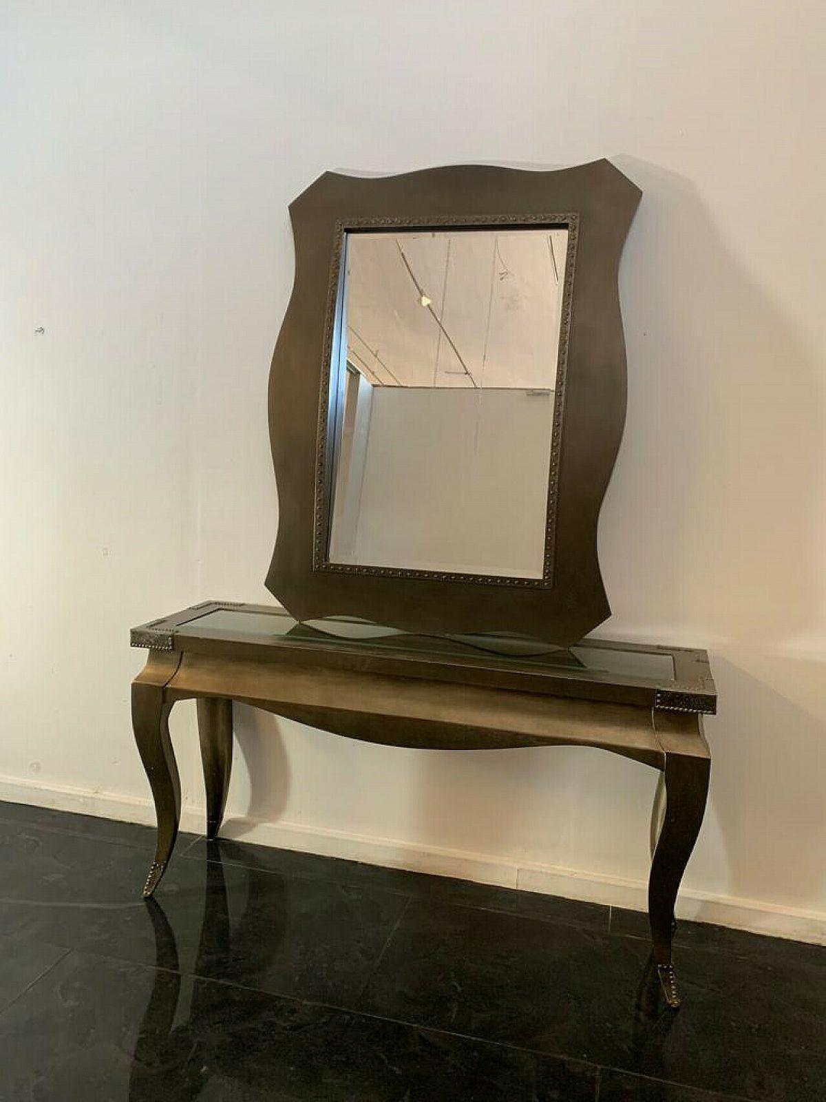 Wood, Metal And Glass Console And Mirror, 1980s photo vinterior