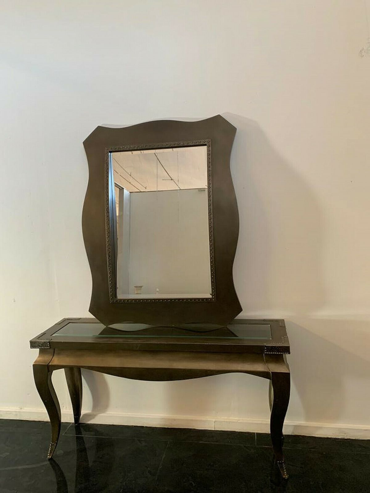 Wood, Metal And Glass Console And Mirror, 1980s photo buy
