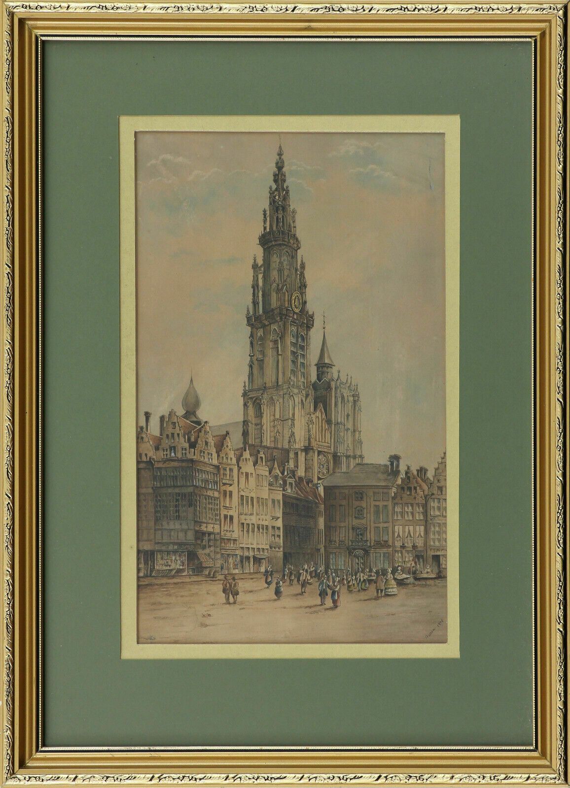 Watercolour Of Antwerp Cathedral Of Our Lady Signed Buron 1873