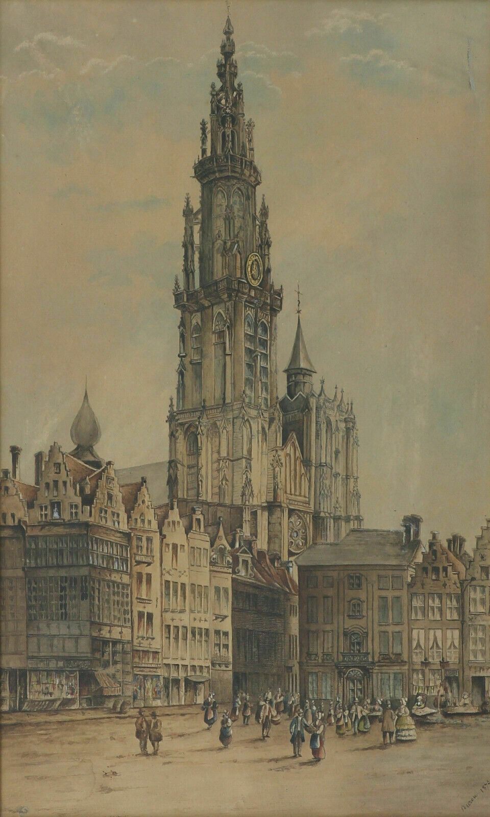 Watercolour Of Antwerp Cathedral Of Our Lady Signed Buron 1873 photo furniture