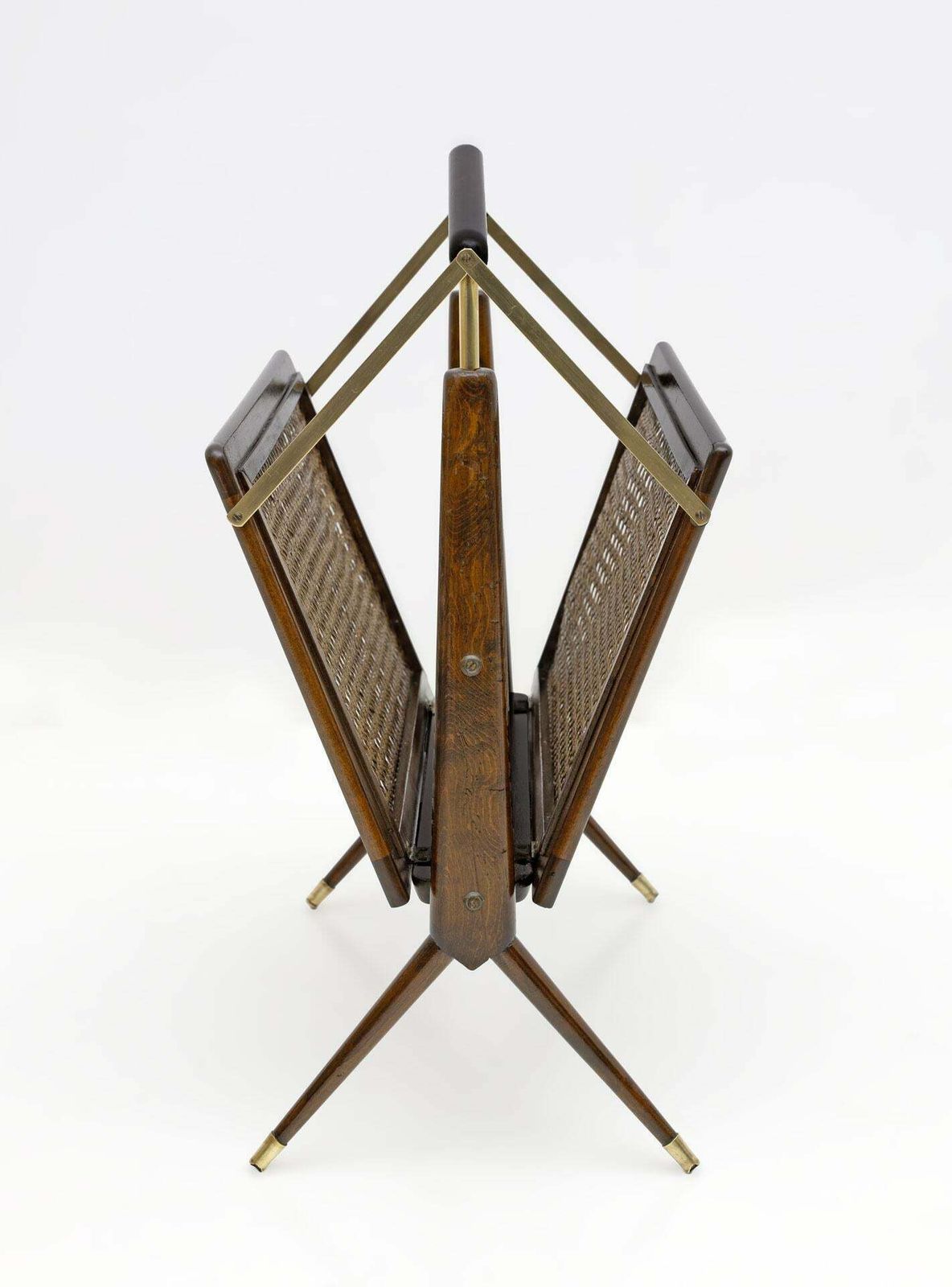 Cesare Lacca Mid Century Modern Italian Wicker And Brass Magazine Rack, 1950s photo furniture