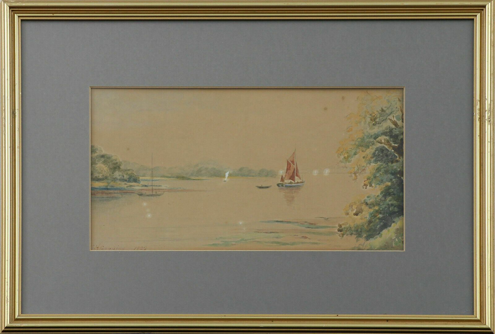 Watercolour By J.H. Gooding. Subject Is Small Yacht In Estuary Or Broad.