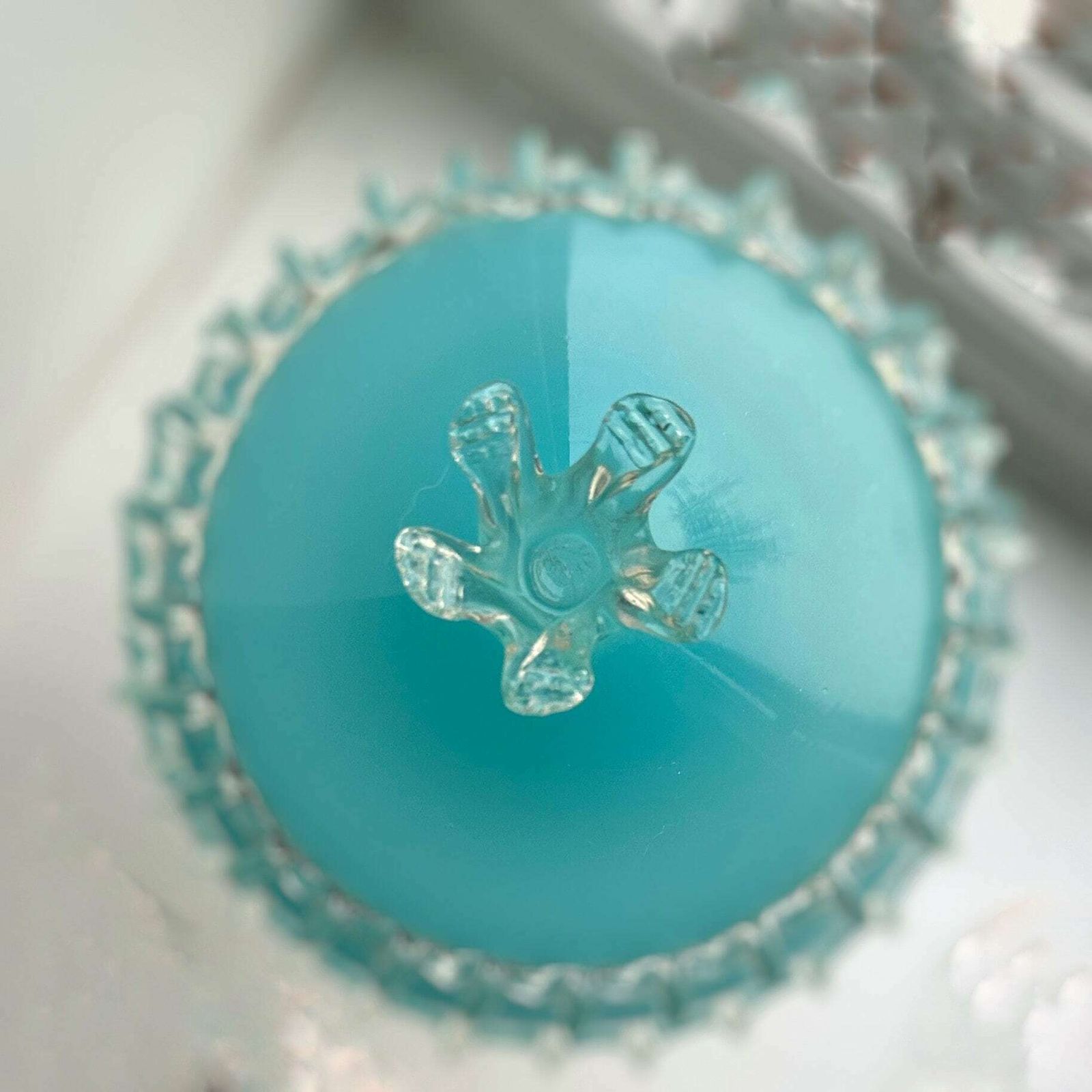 1960s Mid Century Italian Sky Blue Cased Empoli Glass Pedestal Lidded Compote Candy Dish Midcentury photo vinterior