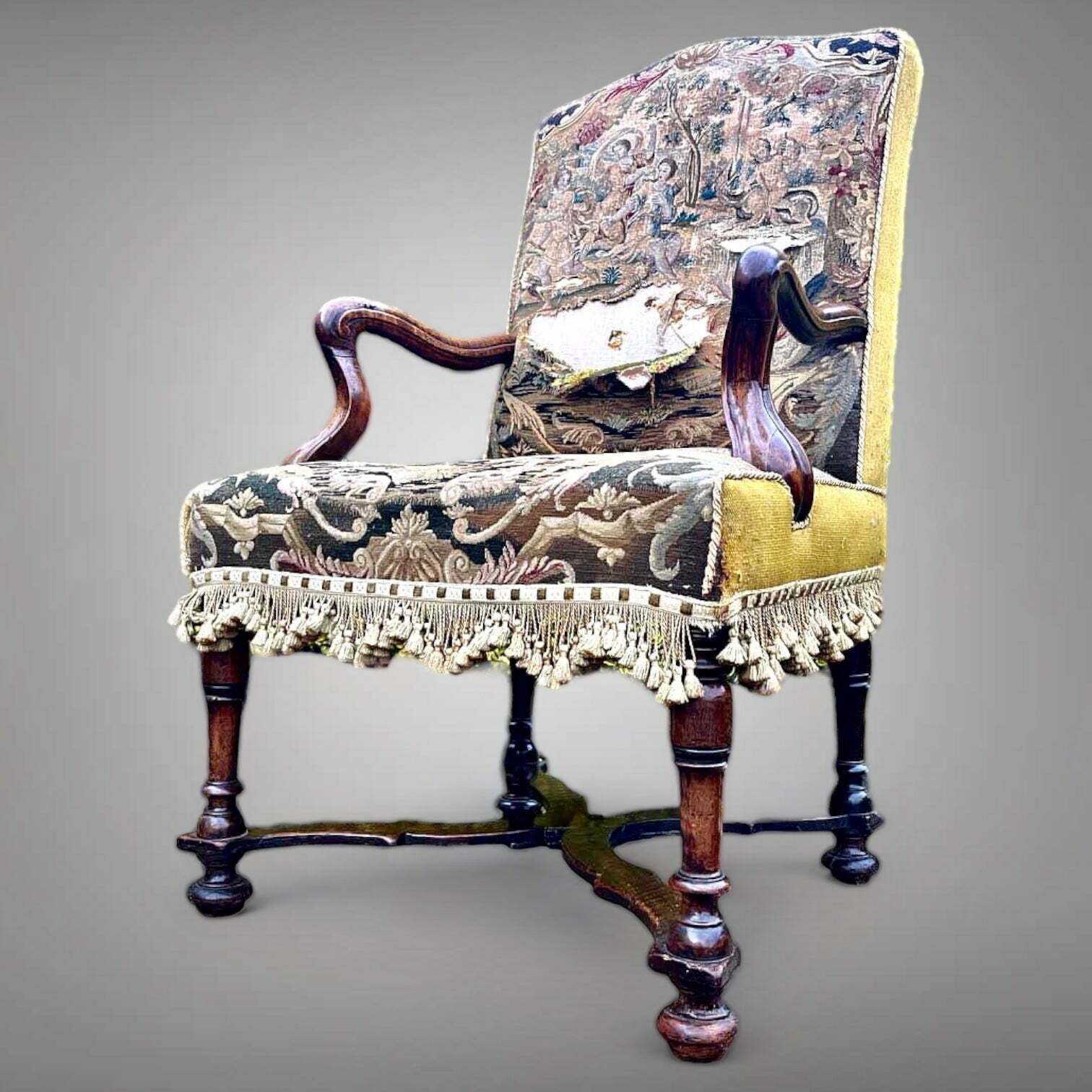 A Beautiful Early Antique Country House William & Mary Walnut Needlework Open Armchair Circa 1690 photo for sale