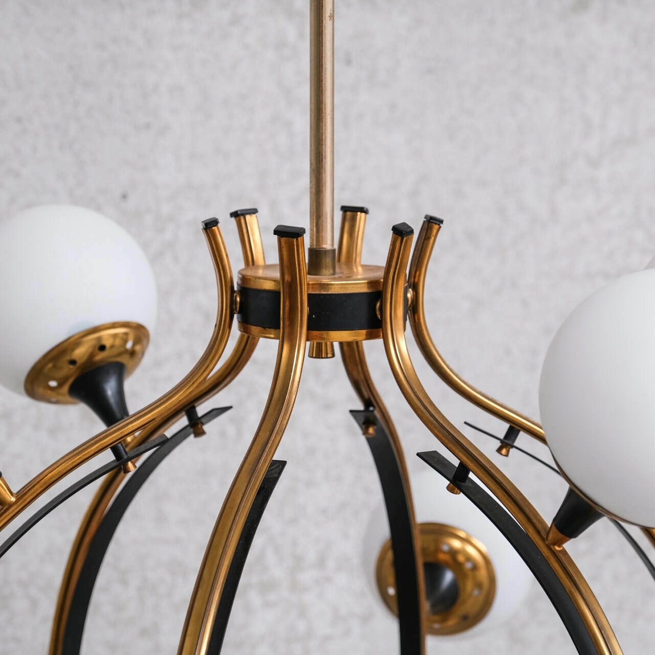 Stilnovo Mid Century Italian Brass And Opaline Globe Chandelier photo for sale