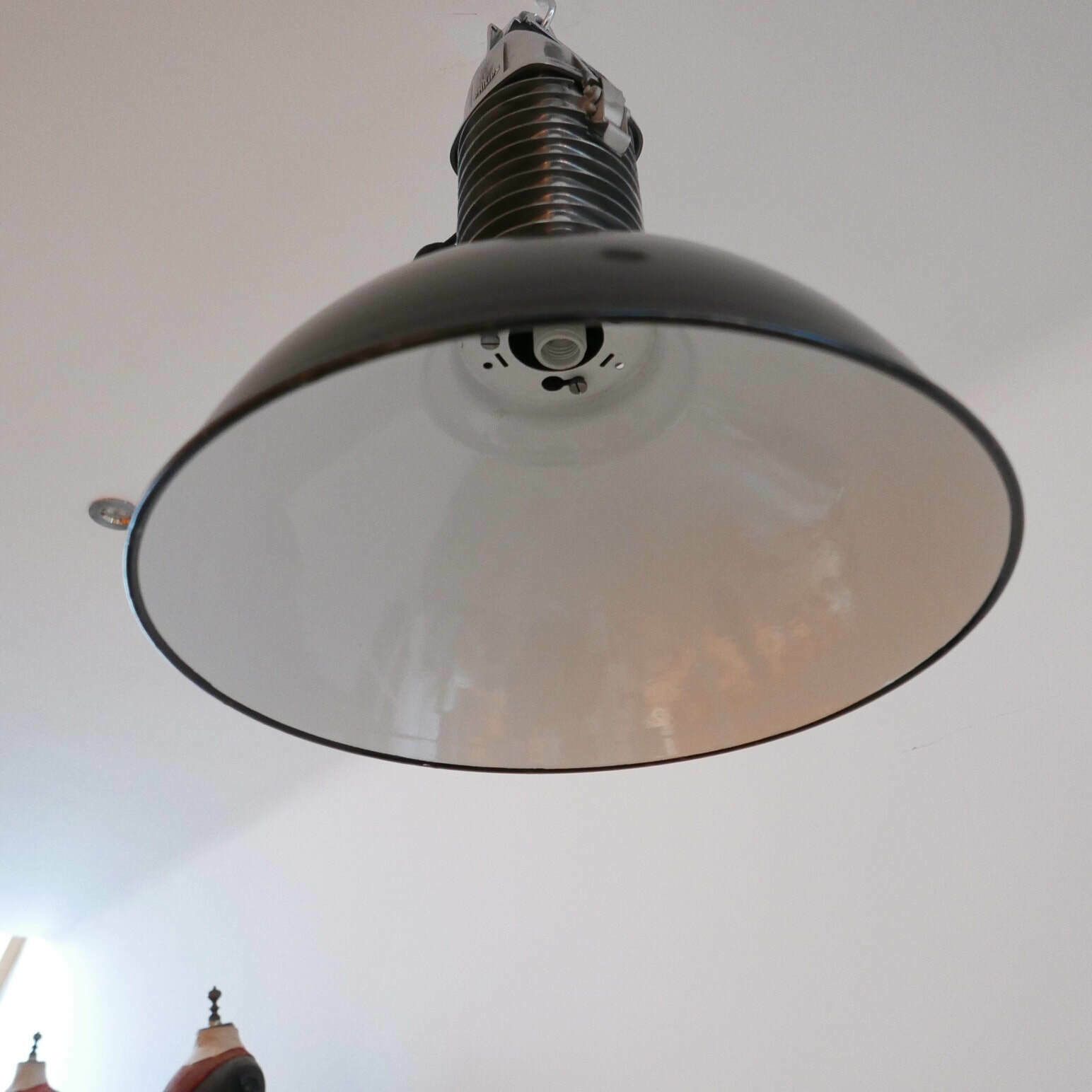 Pair Of Original Mid Century Dutch Philips Industrial Pendant Lamps photo for sale