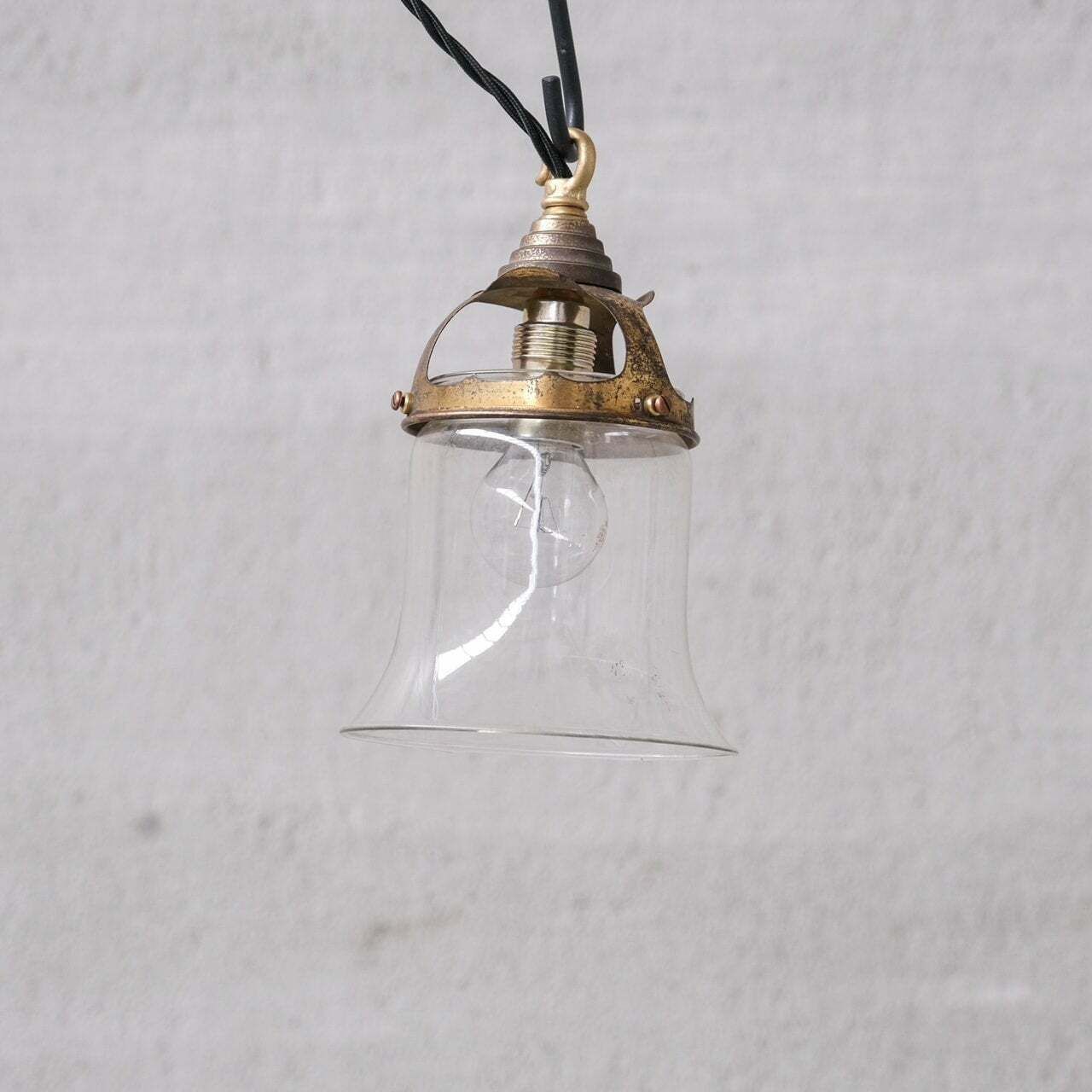 Pair Of Mid Century French Bell Shaped Clear Glass And Brass Pendants photo furniture