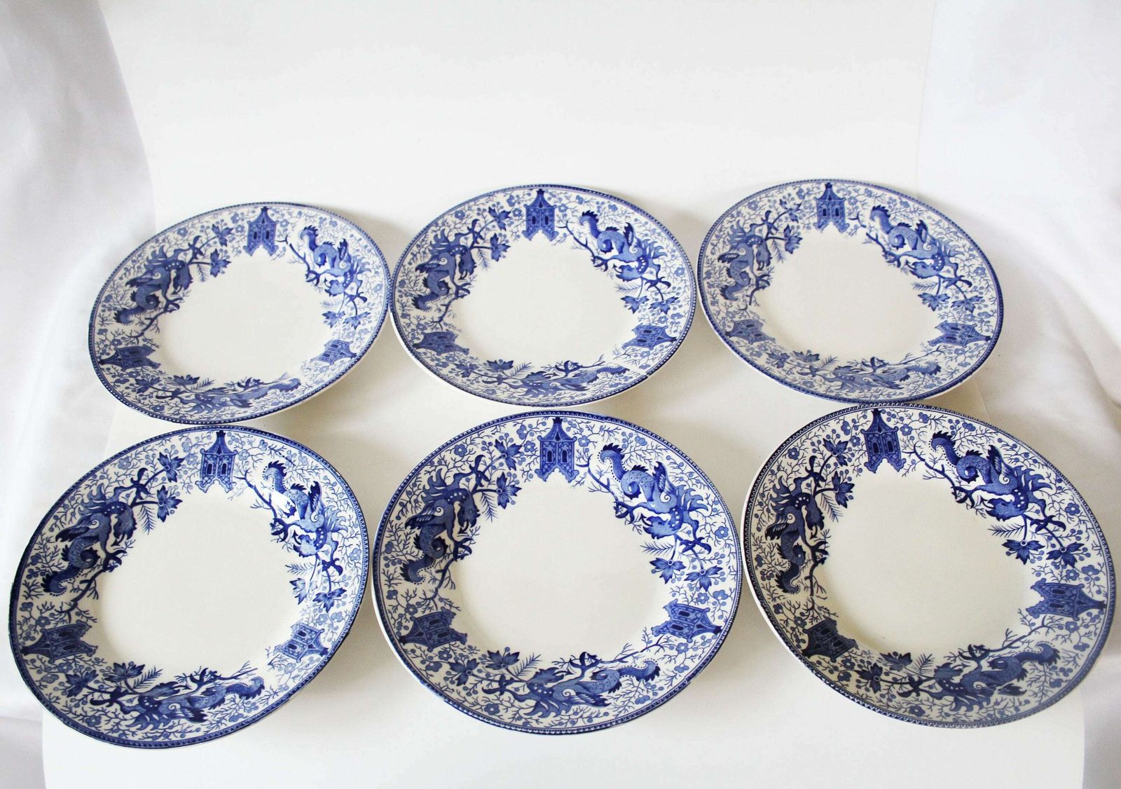 6 Vintage Keramische Dessertborden Delfts Blauw Boch België Dragon Pagodes Chinees Ontwerp Verzamelbord Blauw Wit, ø 8 Inch / 20,5 Cm