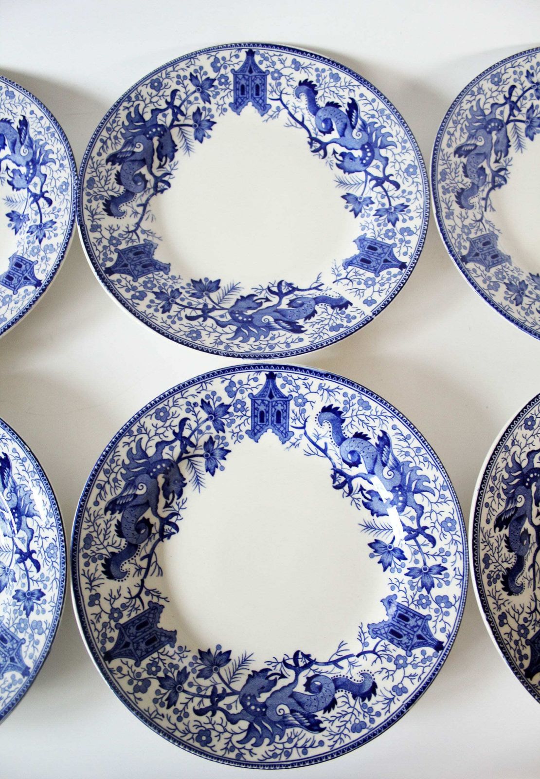 6 Vintage Keramische Dessertborden Delfts Blauw Boch België Dragon Pagodes Chinees Ontwerp Verzamelbord Blauw Wit, ø 8 Inch / 20,5 Cm photo furniture