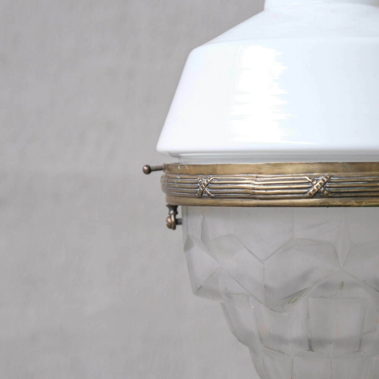 French Unusual Two Tone Antique Glass And Brass Pendant Light photo for sale